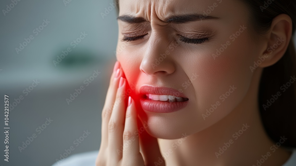 Obraz premium Young woman in pain holding her jaw, emphasizing the need for dental care. She looks uncomfortable with a toothache and inflamed gums, highlighting oral hygiene importance