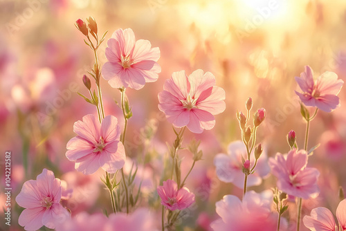 A serene field of delicate pink flowers basking in soft sunlight, creating a tranquil and enchanting atmosphere.