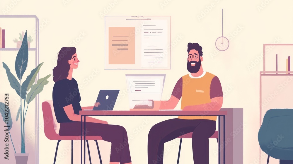 A man and woman are sitting at a table in an office setting, smiling and looking at each other. They are both working on laptops. A man and woman are sitting at a table in an office setting, smiling and looking at each other. They are both working on laptops.