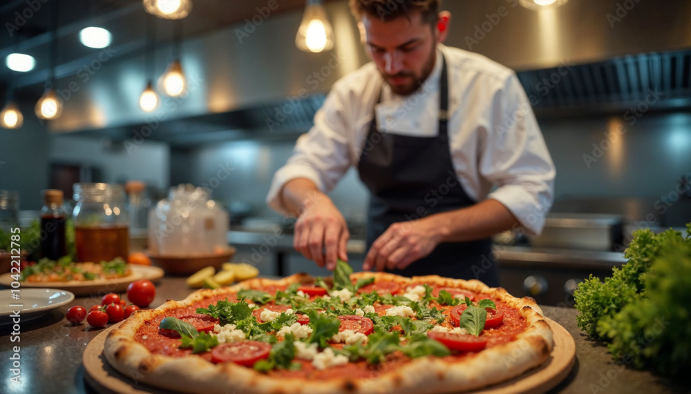 Professional chef cooking in the kitchen restaurant at the hotel, preparing dinner. A cook in an apron makes a salad of vegetables and pizza. Professional chef cooking in the kitchen restaurant at the hotel, preparing dinner. A cook in an apron makes a salad of vegetables and pizza.