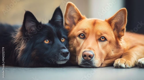 A golden retriever and a ginger cat peacefully resting together on a cozy cou...