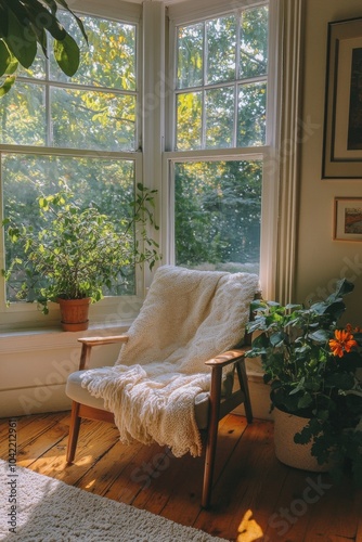 Bright sunlight casting shadows on a stylish chair and palm plant in a cozy i...