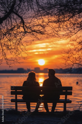 Couple enjoying a sunset while sitting on a bench in a peaceful park during a...