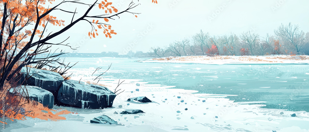 A tranquil winter scene featuring a frozen river, rocky shoreline, and subtle autumn leaves against a serene, icy backdrop. A tranquil winter scene featuring a frozen river, rocky shoreline, and subtle autumn leaves against a serene, icy backdrop.