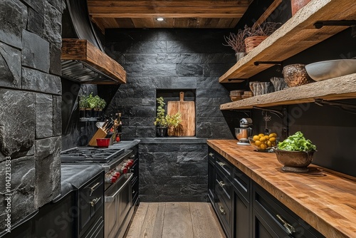 Modern kitchen design with wooden shelves and plants in a stylish dark interi...
