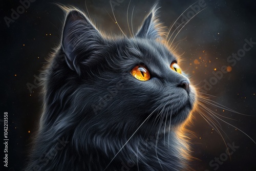 A striking black cat gazes thoughtfully into the distance against a dramatic ...