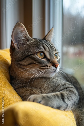 A curious cat relaxing by the window on a sunny afternoon while enjoying the ...
