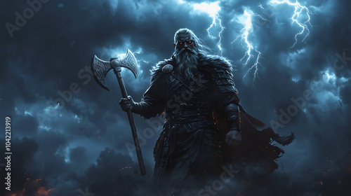 Perun, one of the gods from Slavic mythology, was created by his father Svarog, the supreme god. He is the god of thunder and justice, wielding his axe amidst the stormy sky.