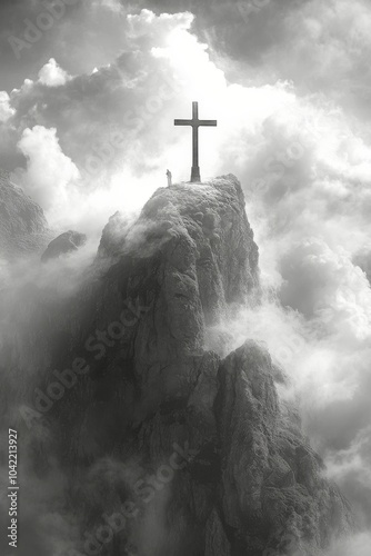 Dramatic mountain peak with a cross, surrounded by clouds and an expansive sk...