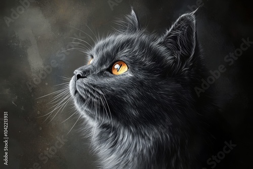 A striking black cat gazes thoughtfully into the distance against a dramatic ...
