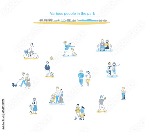 歩いているさまざまな人々　公園　セット