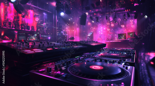 night club EDM party DJ mixing electronic music with turn table background, silhouettes of people dancing and raising their hands