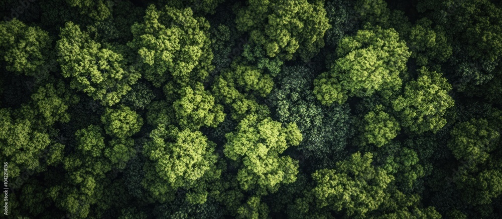 Naklejka premium Aerial view of a dense forest canopy with lush green foliage.