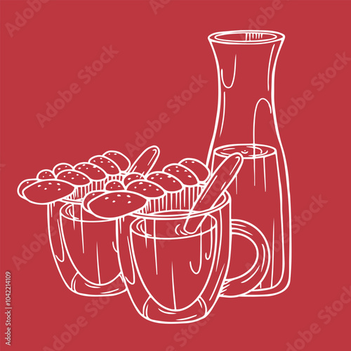 Illustration of a Christmas set including a glass jug and cups filled with prepared punch and hand-made braided buns. The color scheme used is white and red.