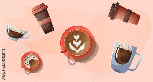 Cute set of prepared coffee poured into different paper cups, glass and ceramic cups in vector style.Vector illustration design of a set of dishes with prepared coffee.