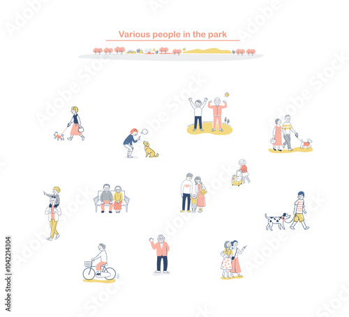 歩いているさまざまな人々　公園　セット