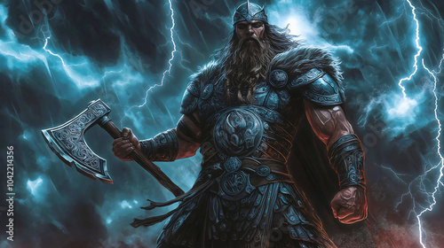 Perun, the god of thunder from Slavic mythology, is a protector and one of the greater gods in this tradition. He stands against a stormy, rain-filled sky, wielding his war axe with power and authorit