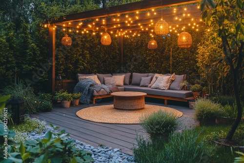 Cozy outdoor seating area with string lights and greenery in a tranquil garde...