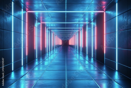 Neon light corridor with blue and pink illumination in a modern architectural...