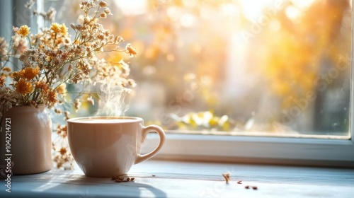 A warm cup of coffee resting on a sunny windowsill with steam rising in the m...