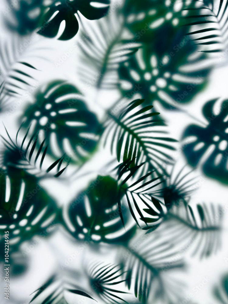 Naklejka premium Botanical background with green leaves on white. Tropical palm leaves behind frosted glass with grain glassmorphism effect