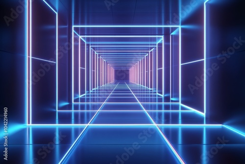 Neon light corridor with blue and pink illumination in a modern architectural...