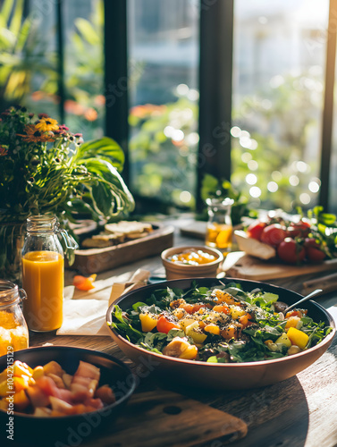 Rustic Wooden Table Set with a Vibrant Bowl of Salad, Freshly Cut Tropical Fruits, a Glass of Citrus Juice, Bread, and Fresh Flowers, Bathed in Warm Natural Light from a Large Window