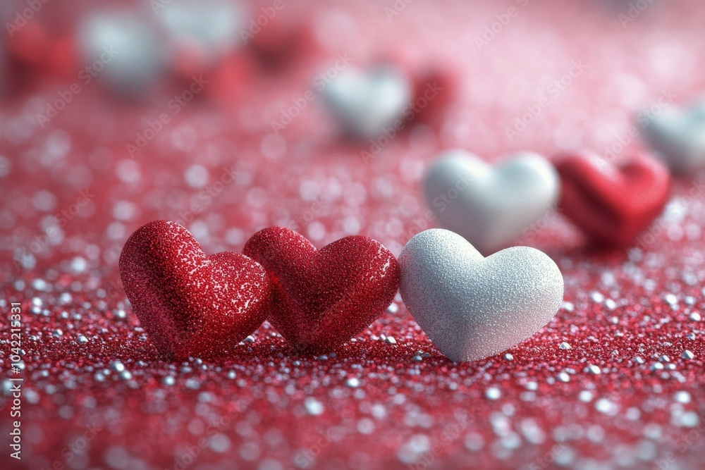 A vibrant collection of sparkling red and white hearts on a soft pink background for a celebration A vibrant collection of sparkling red and white hearts on a soft pink background for a celebration