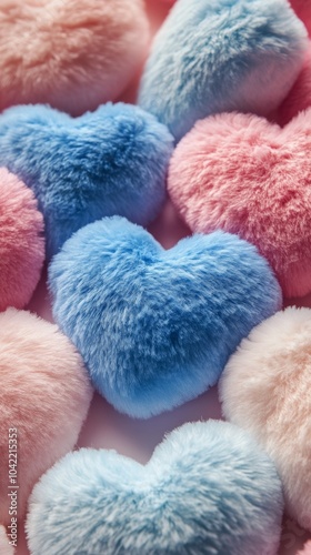 Colorful fluffy heart shaped decorations on a soft surface arranged with pastel colors