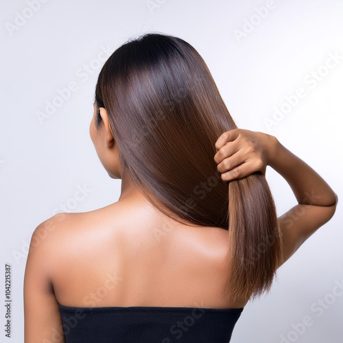 Trendy young woman with long hair styling her hair, back view, set against a soft white background