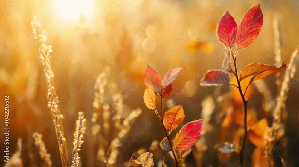 Morning light glimmers on autumn leaves in a golden field Morning light glimmers on autumn leaves in a golden field