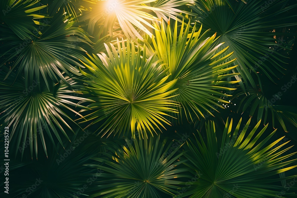 Fototapeta premium The sun shines through the leaves of a palm tree