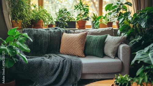 Cozy living room with lush greenery and warm sunlight during the afternoon
