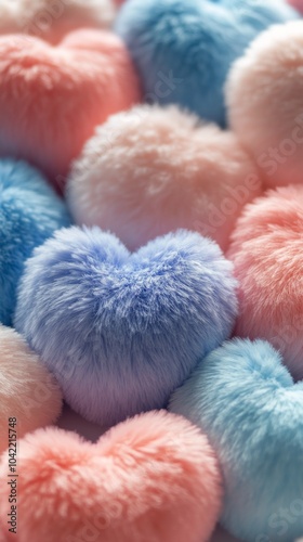 Colorful fluffy heart shaped decorations on a soft surface arranged with past...