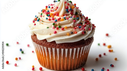 Delicious vanilla cupcake topped with frosting and colorful sprinkles on a wh...