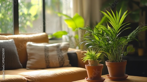 Cozy living room with lush greenery and warm sunlight during the afternoon