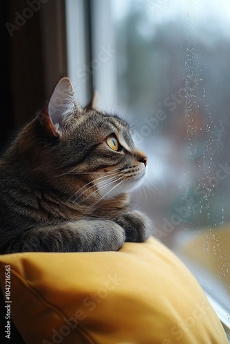 A curious cat relaxing by the window on a sunny afternoon while enjoying the ...