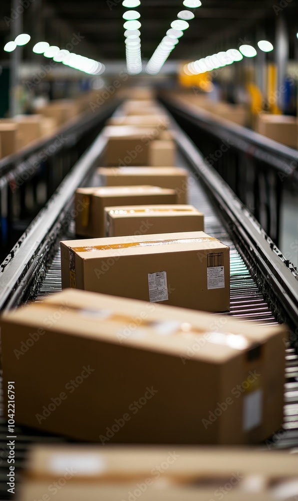 Boxes moving on a conveyor belt.