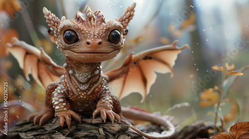 An adorable dragon among the fall leaves and flowers. AI Generated