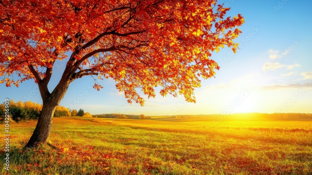 Golden autumn morning light illuminating vibrant foliage in the meadow Golden autumn morning light illuminating vibrant foliage in the meadow
