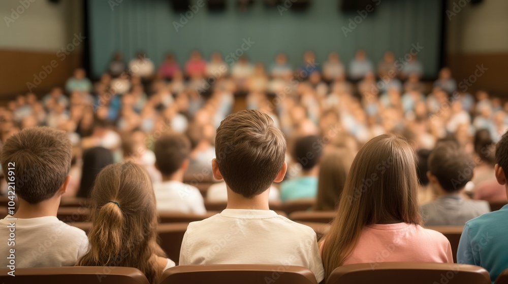 Obraz premium School Assembly Celebration, vibrant auditorium filled with students and families, engaging activities, inspiring speeches, fostering community spirit and excitement for the new academic year