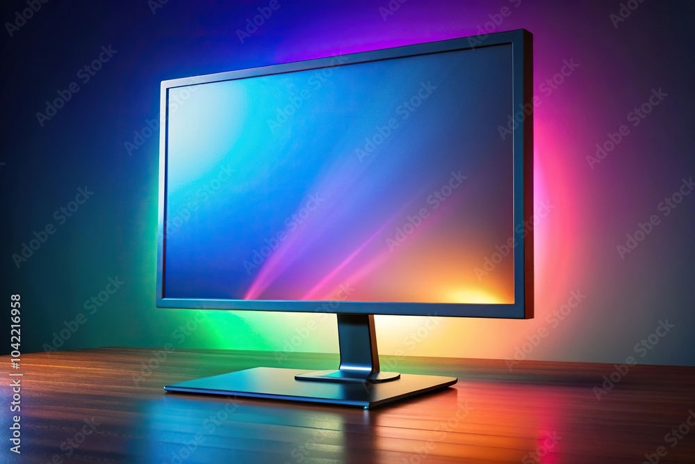 Reflected modern monitor on stylish table with RGB lights Reflected modern monitor on stylish table with RGB lights