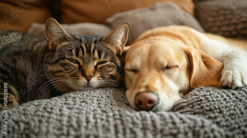 A golden retriever and a ginger cat peacefully resting together on a cozy cou...