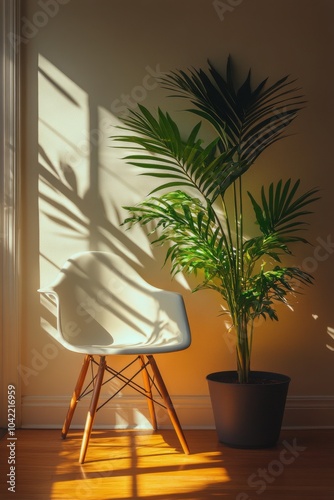 Bright sunlight casting shadows on a stylish chair and palm plant in a cozy i...