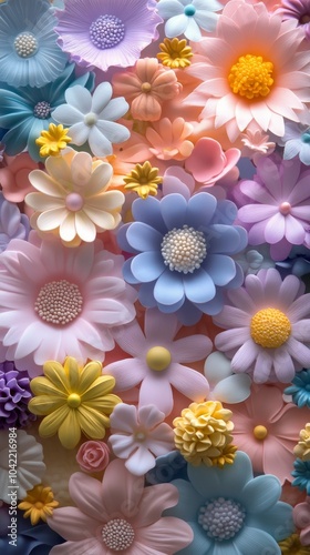 Colorful decorative flowers arranged beautifully on a pastel background for c...