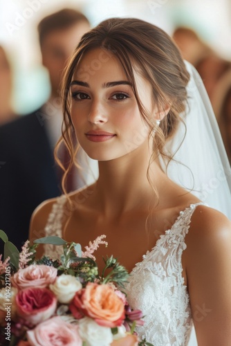 Bride in elegant wedding dress holding bouquet, surrounded by guests outdoors...
