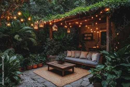 Cozy outdoor seating area with string lights and greenery in a tranquil garde...