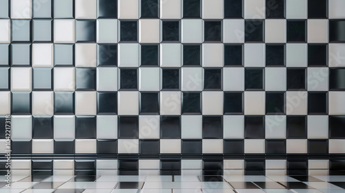 Modern checkered tile wall, featuring a bold black and white pattern, sleek design, perfect for contemporary spaces, adds a touch of elegance and sophistication.