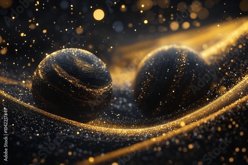 A mesmerizing view of distant planets surrounded by glowing rings in the dept...