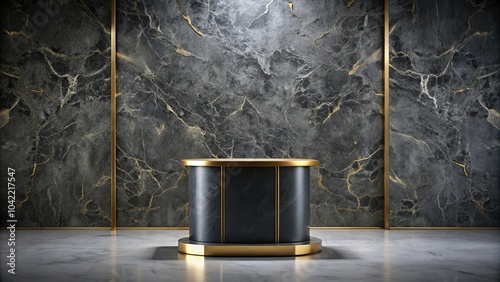 Reflected modern opulence black marble podium with gold accents on concrete background